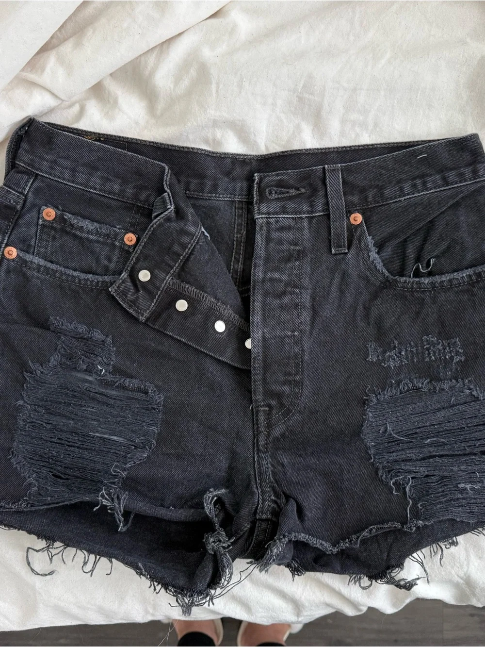 Levi’s 501 Original high rise black destructed distressed denim shorts W29
